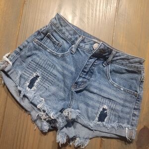 Wonderly Size 25 (XS) Distressed High-Rise Denim Shorts - Blue